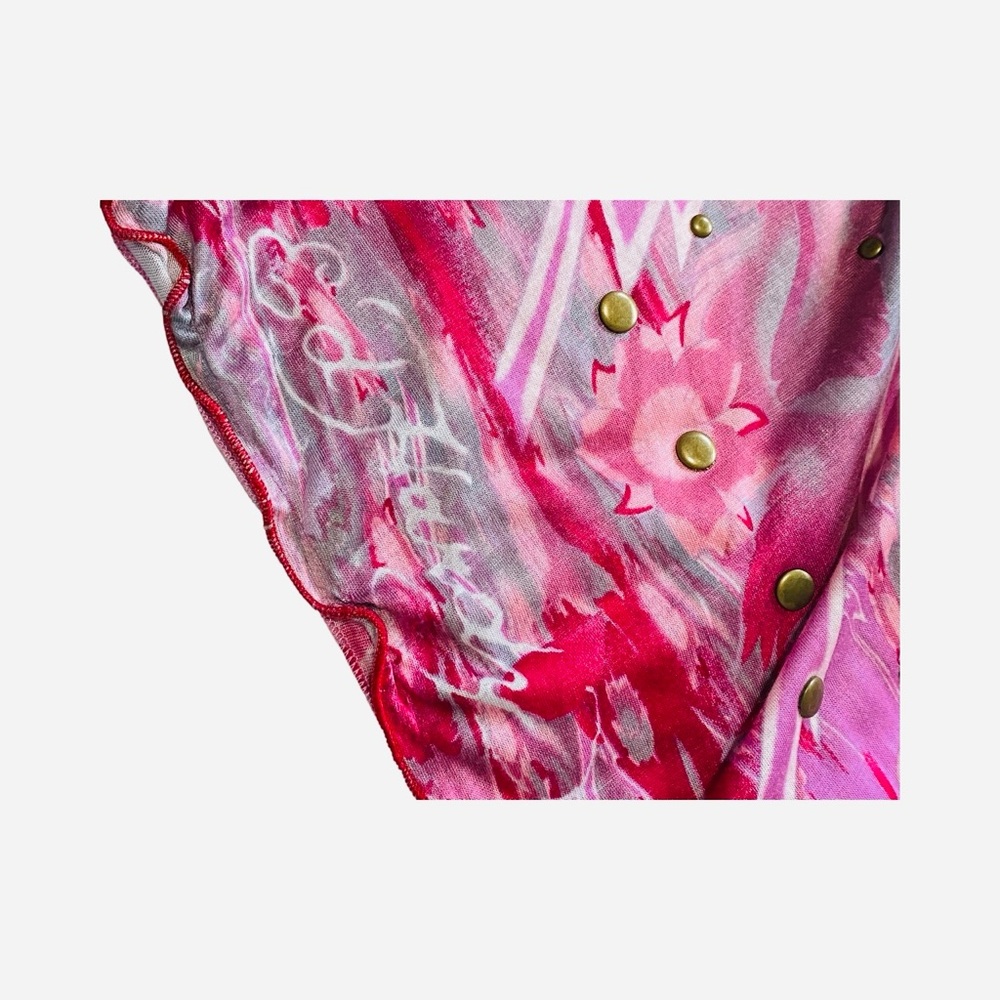Vintage Ed Hardy Pink Floral Studded Skull Scarf – Tattoo Graphic Wrap - Picture 4 of 5